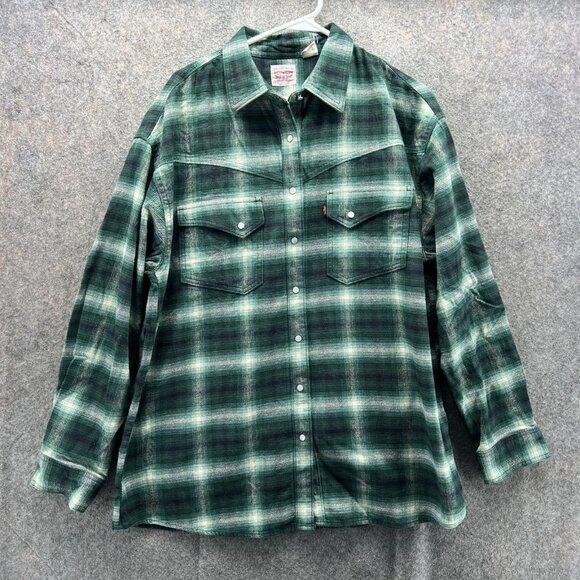 Levis Shirt Womens Medium Green Plaid Western Pearl Snap Flannel Shacket Heavy - Picture 1 of 11